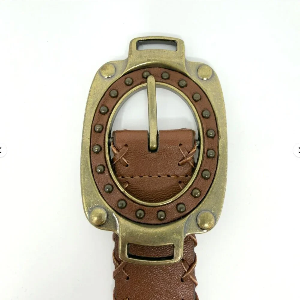Betsey‎ Johnson Leather Belt Studded Oval Buckle Brown M